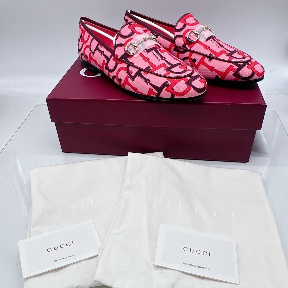 Gucci Jordaan Womens Horsebit Flat Loafer Pink Canvas LOGO EU 39 US 9 $990 - Picture 13 of 15